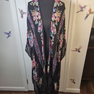 Woven Heart Floral Crochet Back Kimono w/Fringe Long Flowy Duster Boho Chic 2X